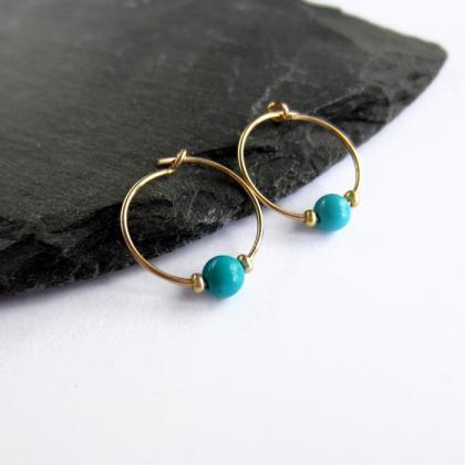Turquoise Gemstone Beaded Hoop Earrings - 14 Carat..