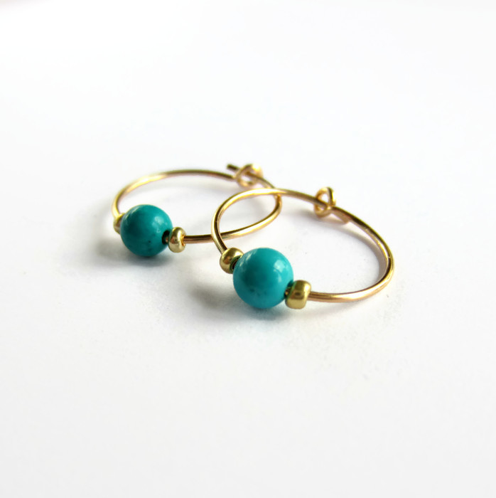 Turquoise Gemstone Beaded Hoop Earrings - 14 Carat Gold Filled